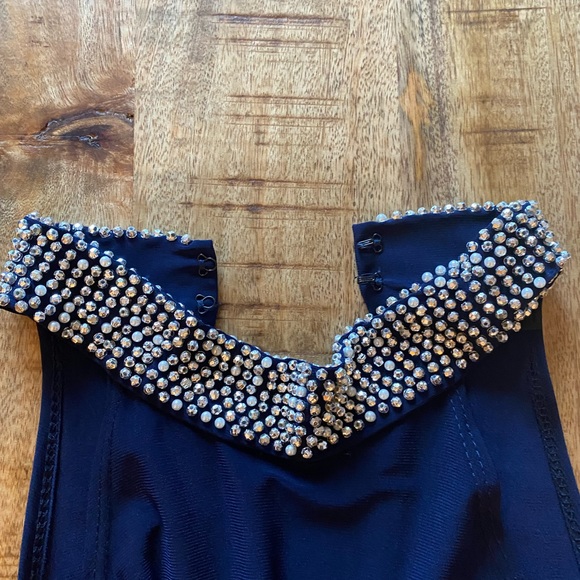 MARINA DRESSES navy blue jumpsuit embellished rhinestones halter belt - Picture 5 of 10